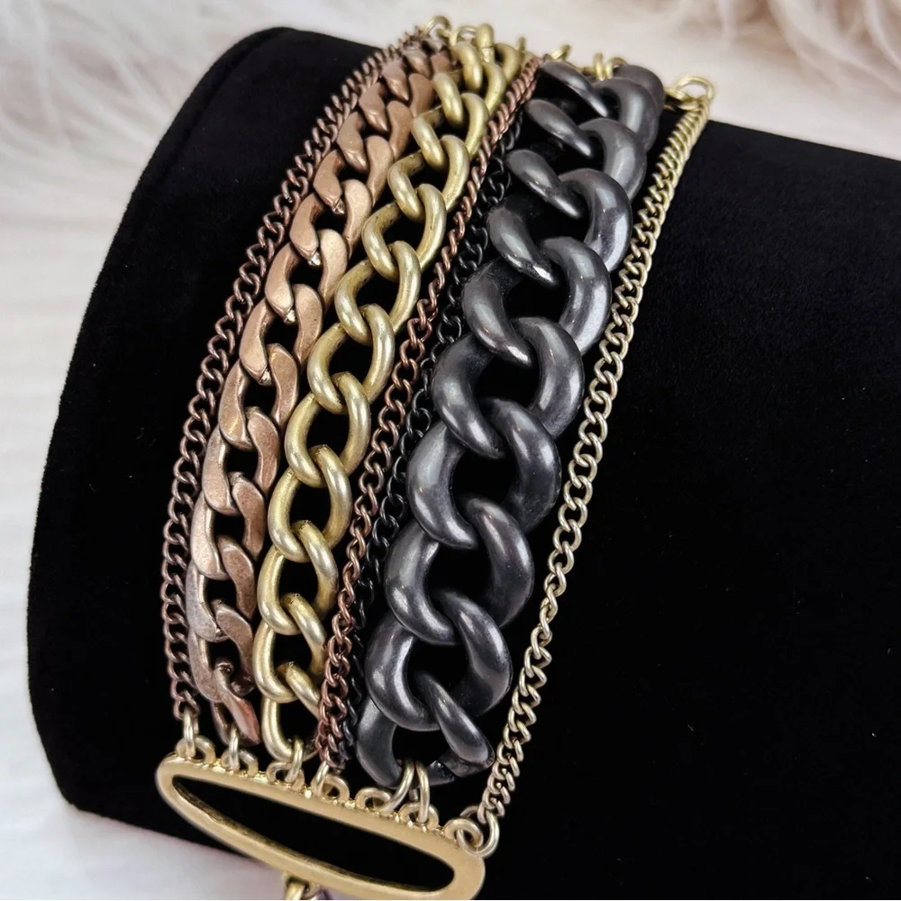 Beautiful, brushed brass tone, multi chain, wide toggle bracelet, costume